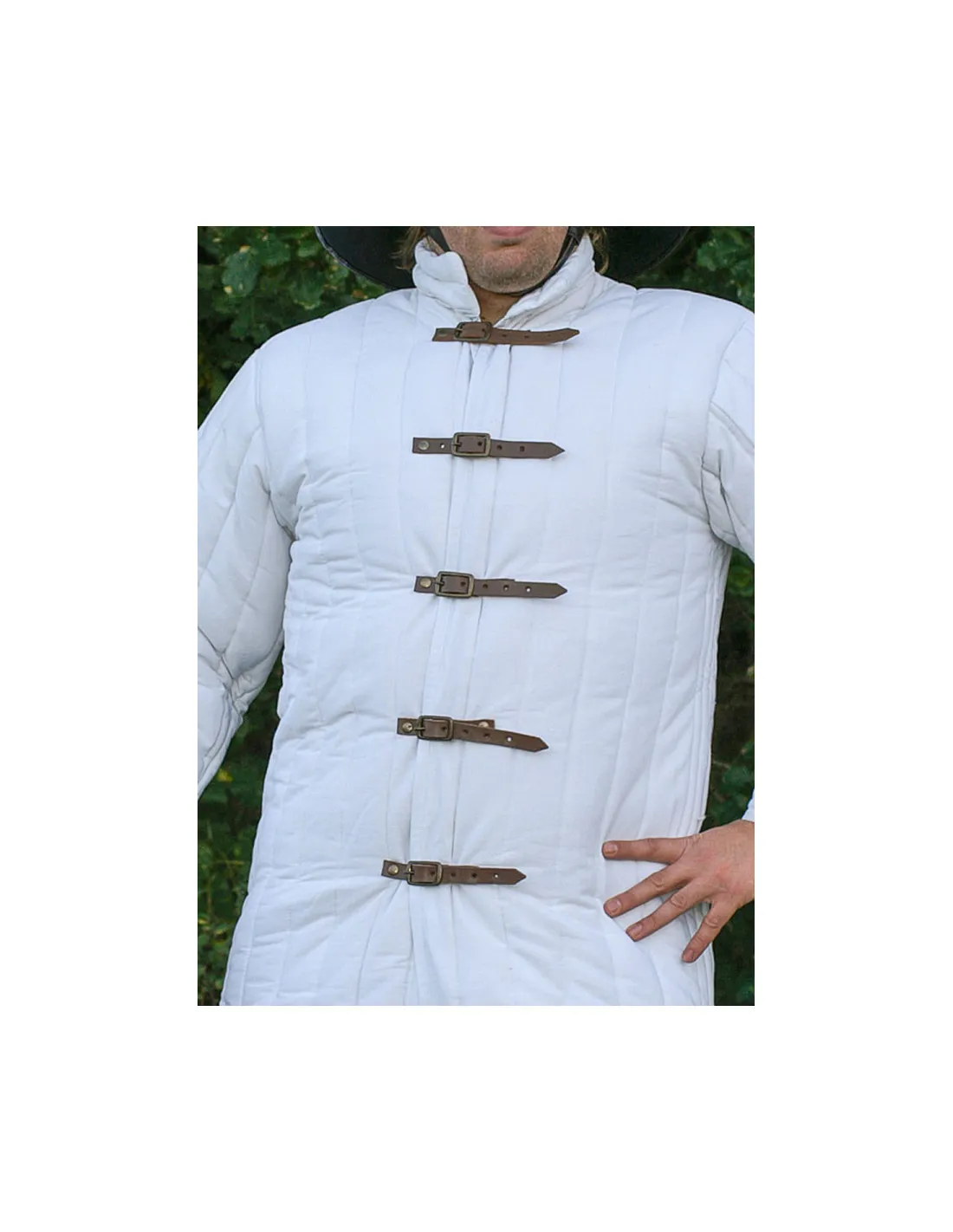 Adjustable white padded gambeson with buckles