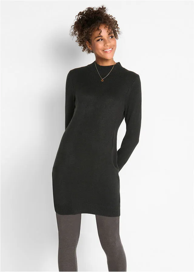 Black high-neck fine knit dress.