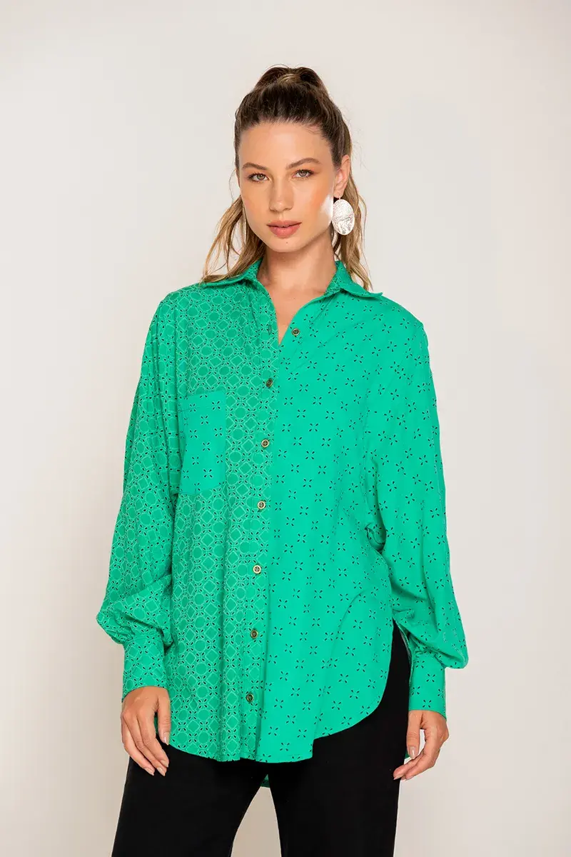 Button-down printed long-sleeve shirt