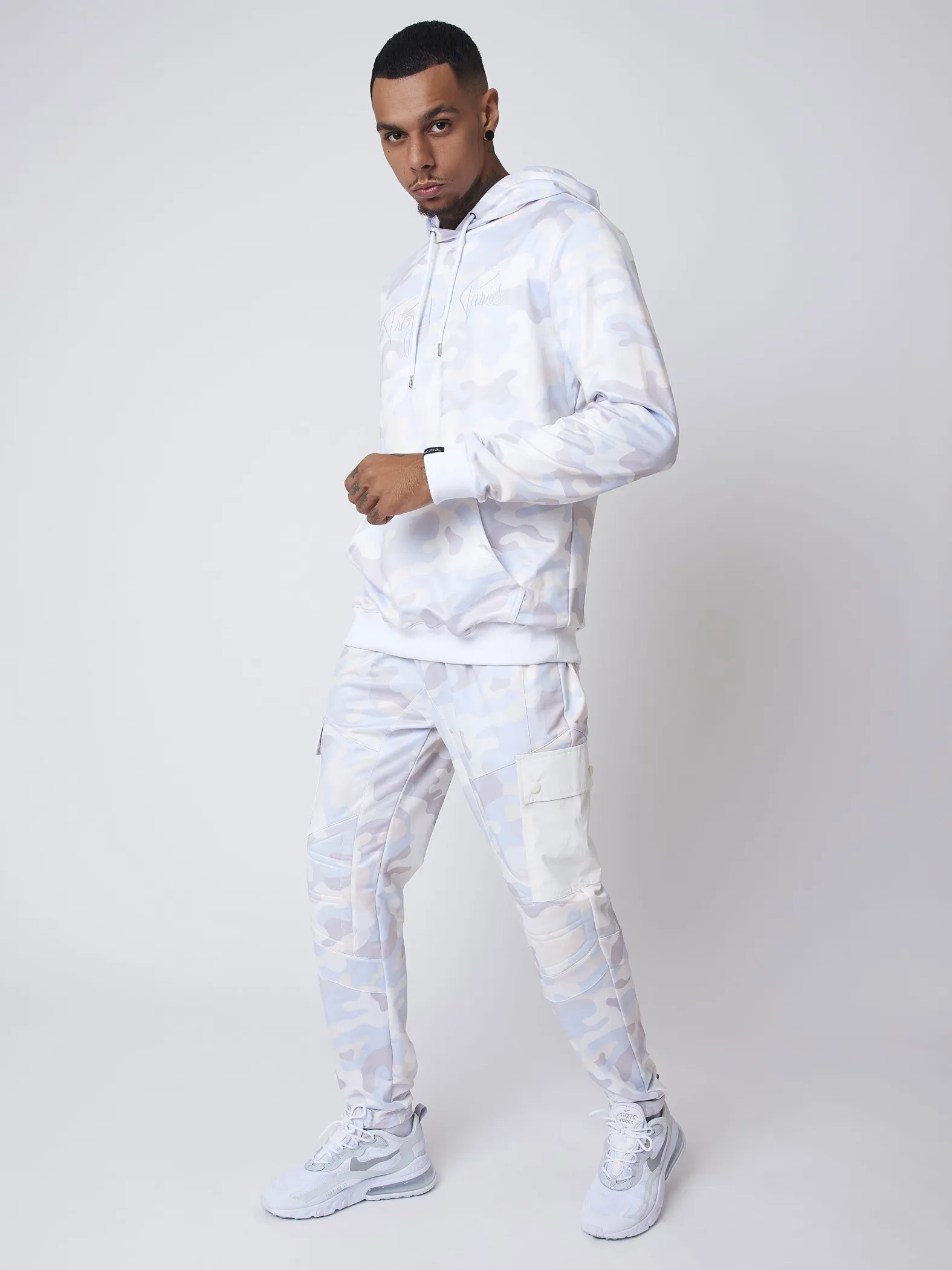 Camouflage hoodie with embroidered Project X Paris logo on the chest and kangaroo pocket.