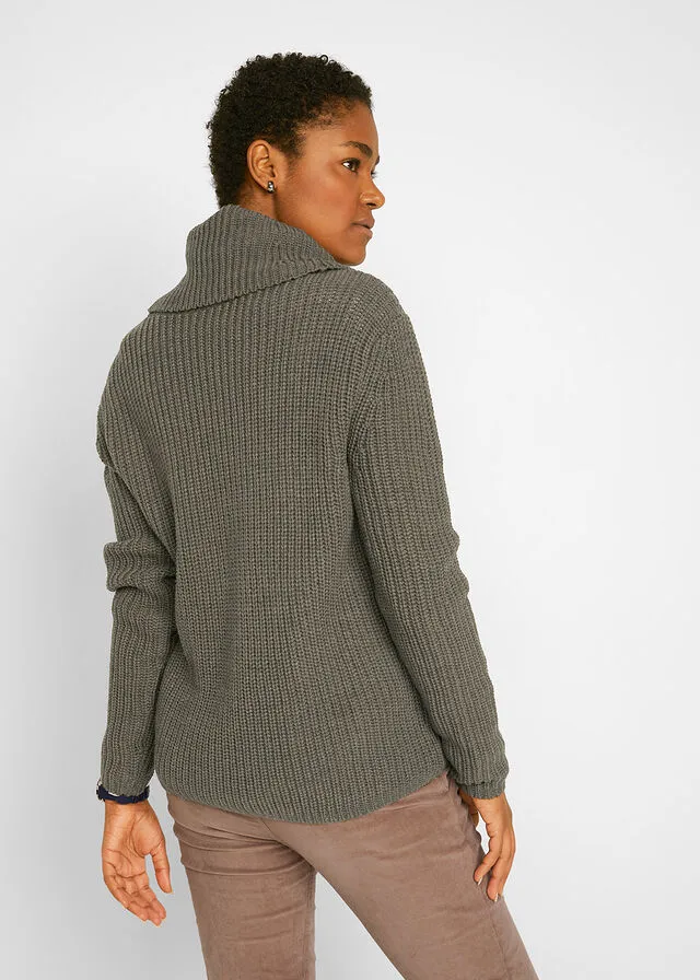 Dark Olive Green Chunky Knit Sweater with Wide Neck.