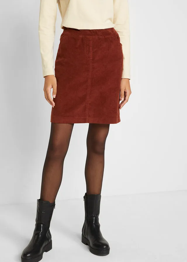 Cotton Corduroy Skirt, Stretchy with Comfortable Waistband Mahogany Brown.