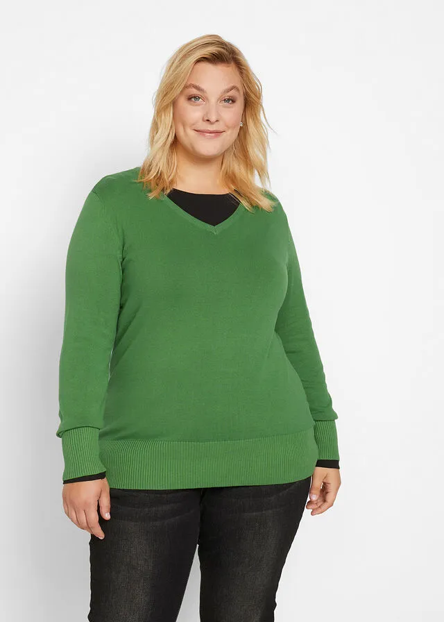 Green V-Neck Fine Knit Jersey