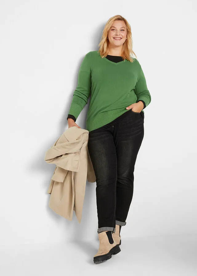 Green V-Neck Fine Knit Jersey