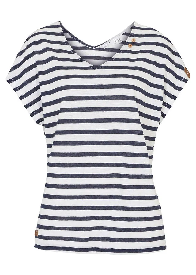 Linen Batwing Sleeve V-Neck Navy Blue-White Striped T-shirt.