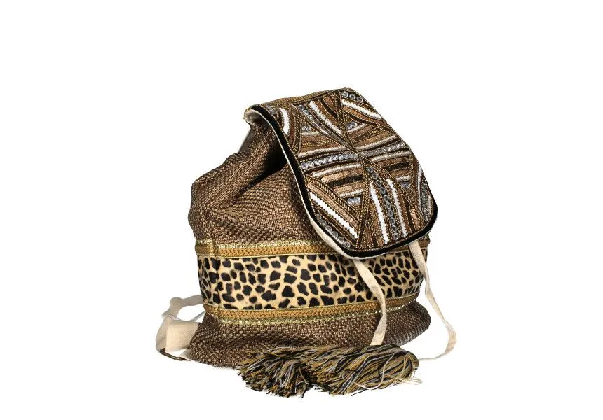 Taupe Leopard Print Woven Backpack with Beaded Fringe Trim