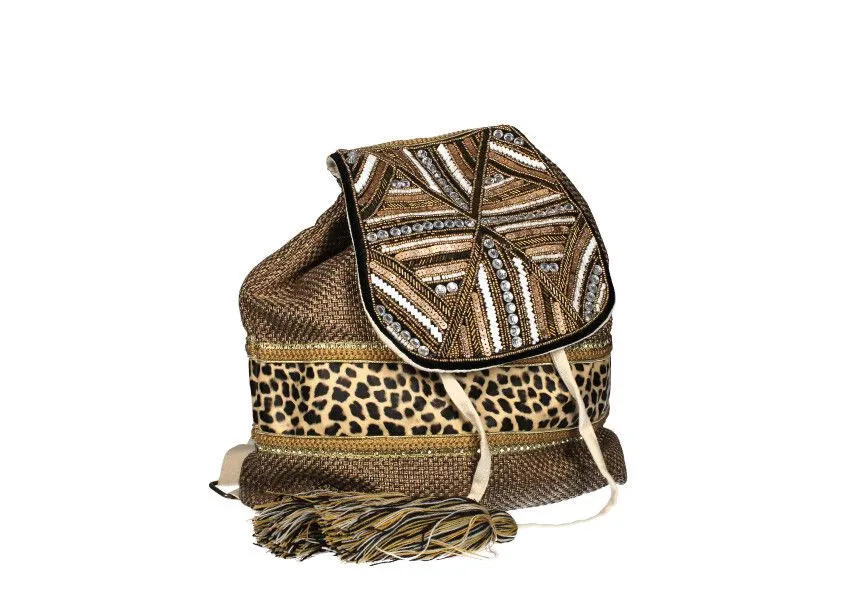 Taupe Leopard Print Woven Backpack with Beaded Fringe Trim