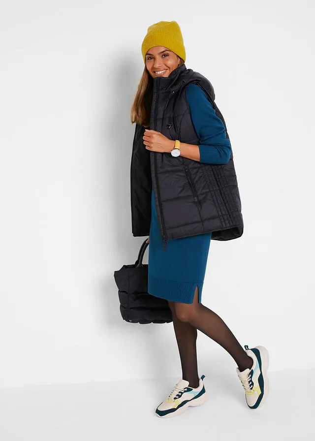 Quilted Sleeveless Vest with Removable Hood in Black