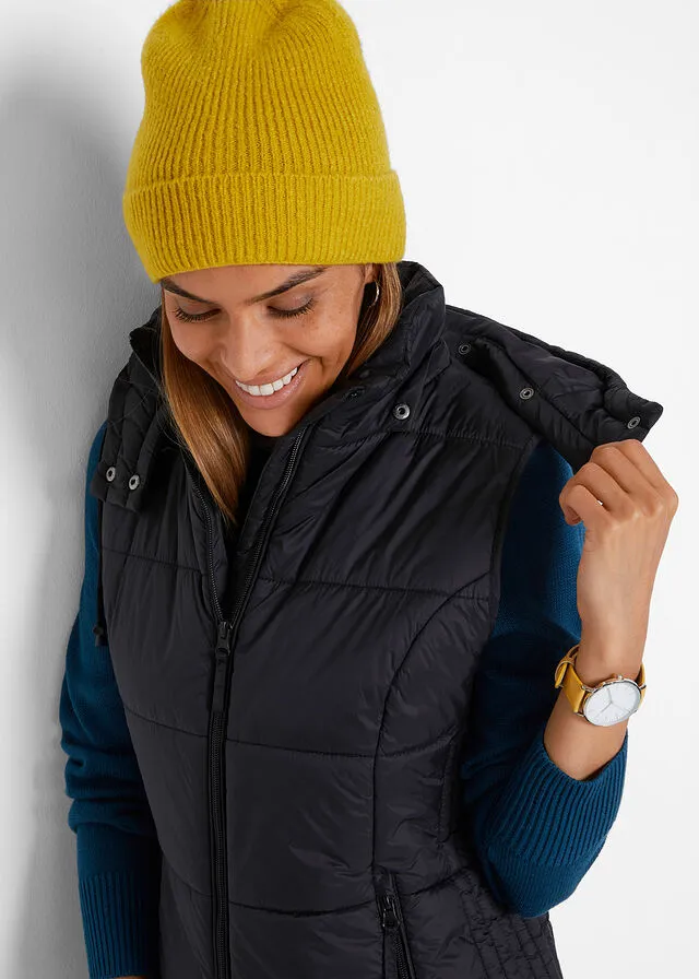 Quilted Sleeveless Vest with Removable Hood in Black
