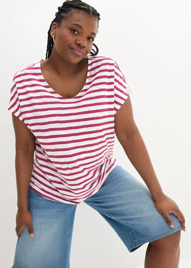 Striped Purple/White Linen V-Neck Batwing Sleeve T-Shirt